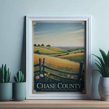 Framed Chase County Tallgrass Prairie National Preserve poster with desert plants.