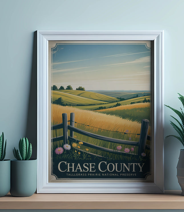Framed Chase County Tallgrass Prairie National Preserve poster with desert plants.