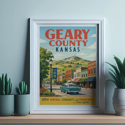 Framed vintage poster for Geary County, Kansas, featuring a street scene.