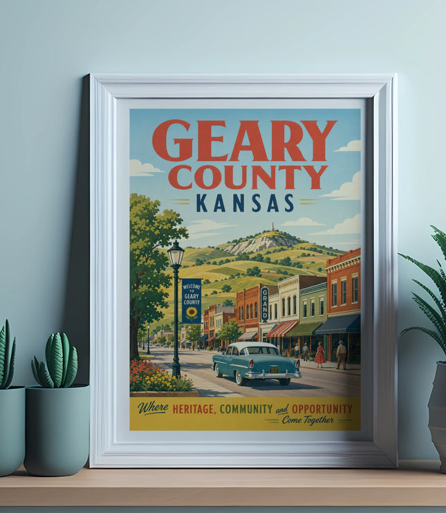 Framed vintage poster for Geary County, Kansas, featuring a street scene.