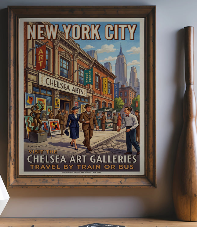 New York City poster advertising Chelsea Art Galleries using vintage style art.
