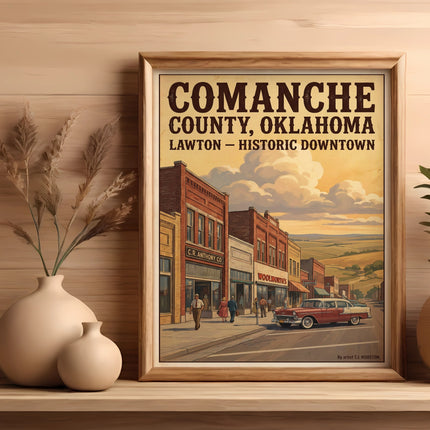 Comanche County, Oklahoma vintage poster of downtown Lawton with C.R. Anthony and Woolworth's.