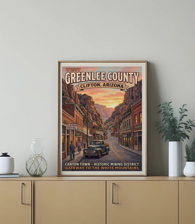 Vintage Greenlee County Clifton, Arizona travel poster with town and mountains.