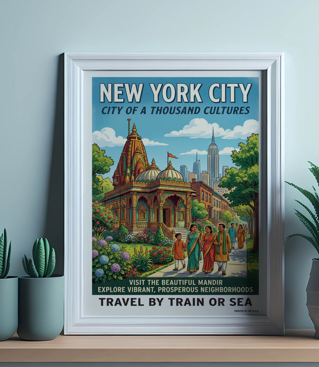 New York City poster with a mandir, Empire State Building, and families.