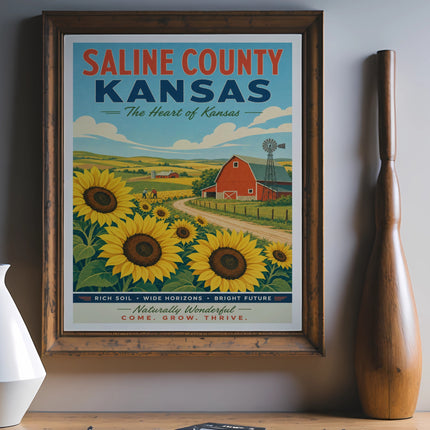 Saline County, Kansas, poster featuring sunflowers, a barn, and a windmill.