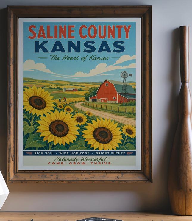 Saline County, Kansas, poster featuring sunflowers, a barn, and a windmill.