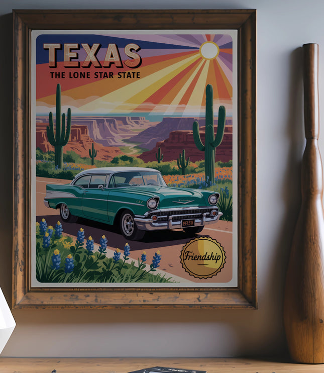 Vintage Texas poster with a turquoise classic car, cacti, and sunburst.