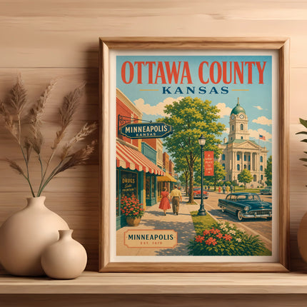 Retro travel poster for Minneapolis, Kansas, featuring a street scene and courthouse.