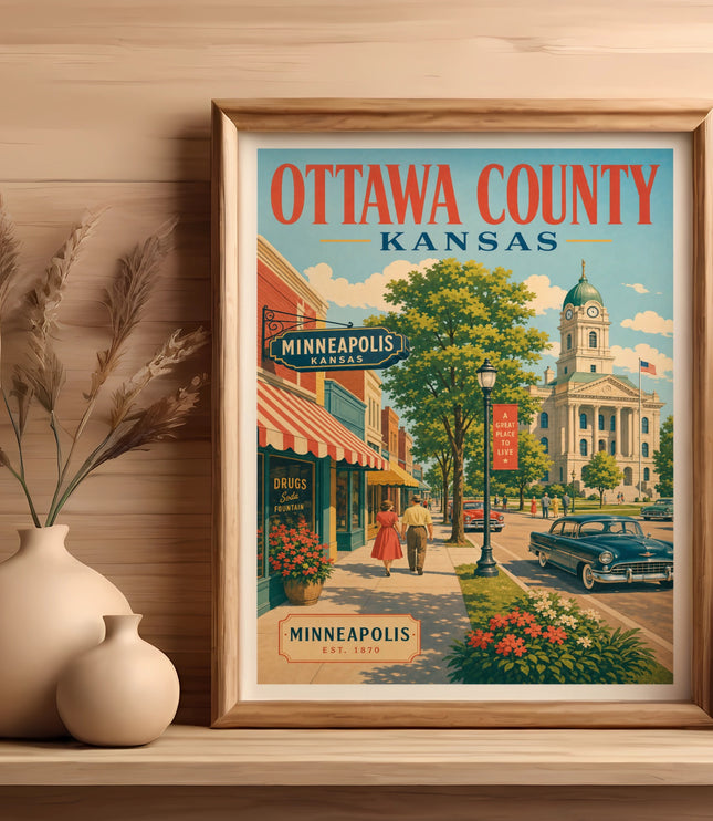 Retro travel poster for Minneapolis, Kansas, featuring a street scene and courthouse.