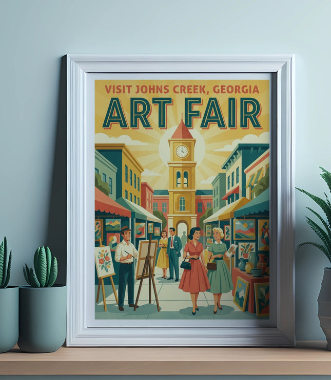 Visit Johns Creek, Georgia Art Fair poster with people and buildings.