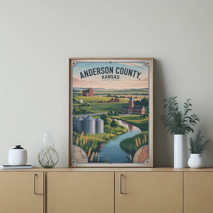 Anderson County, Kansas vintage travel poster on a wooden credenza.