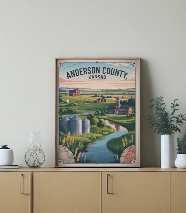 Anderson County, Kansas vintage travel poster on a wooden credenza.