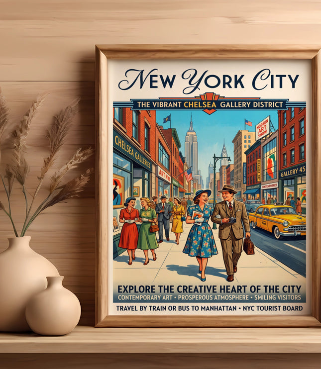 Vintage New York City poster of Chelsea Gallery district with people and yellow taxi.