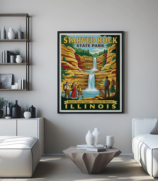 Starved Rock State Park, Illinois poster with waterfall and people.