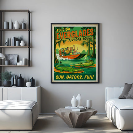 Everglades airboat tours poster with text: "Sun, Gators, Fun!"