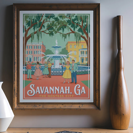 Savannah, GA travel poster with people gathered around a fountain.