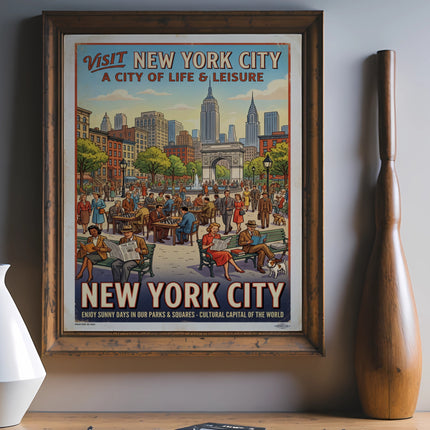Vintage "Visit New York City" travel poster with iconic landmarks and people enjoying the city.