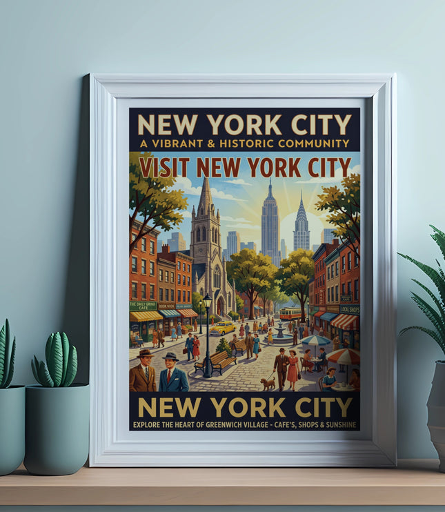 New York City vintage travel poster with city skyline and street scene.