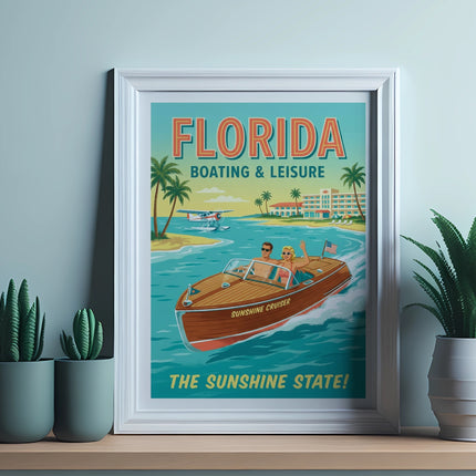 "Florida Boating & Leisure" poster with couple in vintage boat near palm trees.