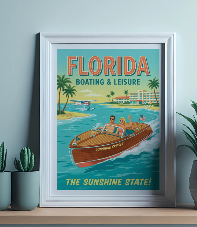 "Florida Boating & Leisure" poster with couple in vintage boat near palm trees.
