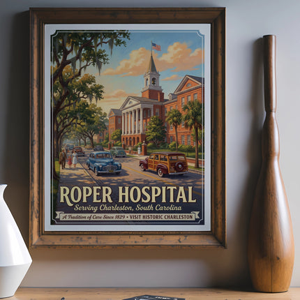 Roper Hospital art print with vintage cars and buildings, serving Charleston, SC since 1829.