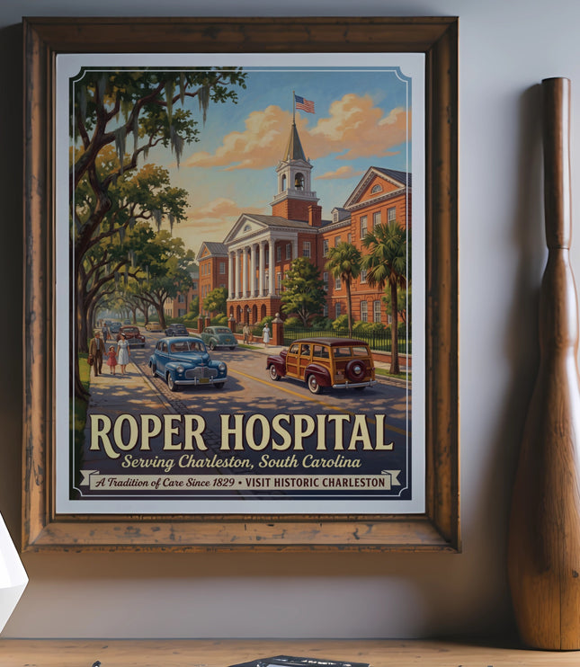 Roper Hospital art print with vintage cars and buildings, serving Charleston, SC since 1829.