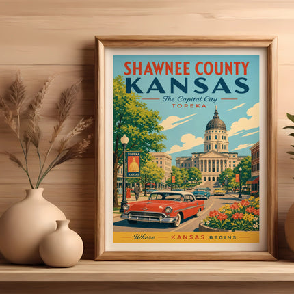 Vintage Shawnee County, Kansas poster with a red car and capitol building.