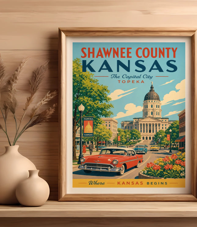 Vintage Shawnee County, Kansas poster with a red car and capitol building.