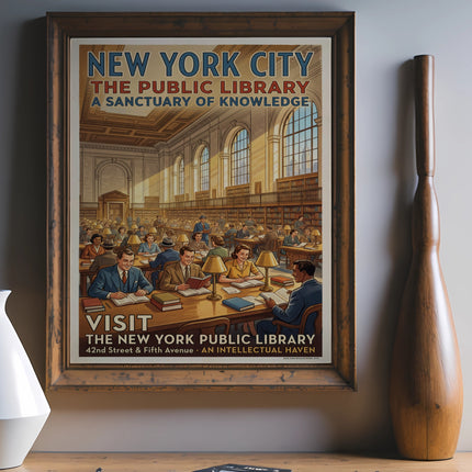 New York City Public Library poster with "A Sanctuary of Knowledge" and reading room illustration.