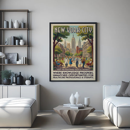 New York City poster with medical district and people.