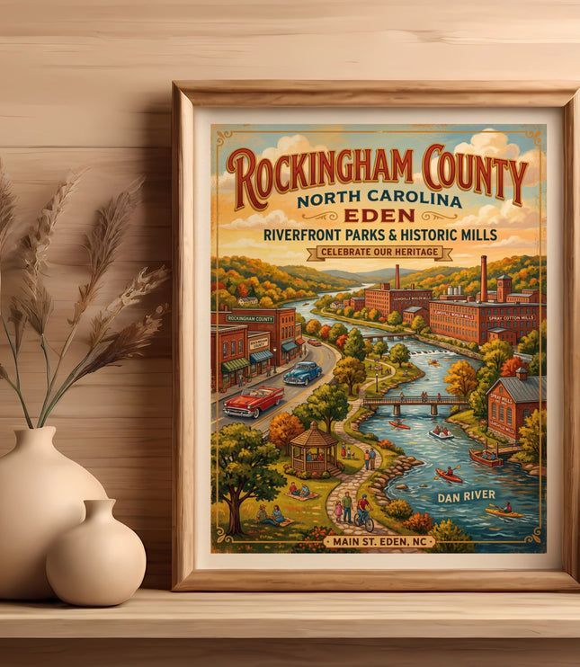 Vintage poster of Rockingham County, Eden, NC, featuring Dan River and historic mills.