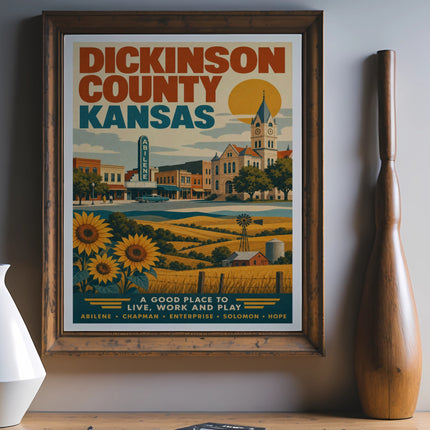 Dickinson County, Kansas travel poster with sunflowers and town scene.
