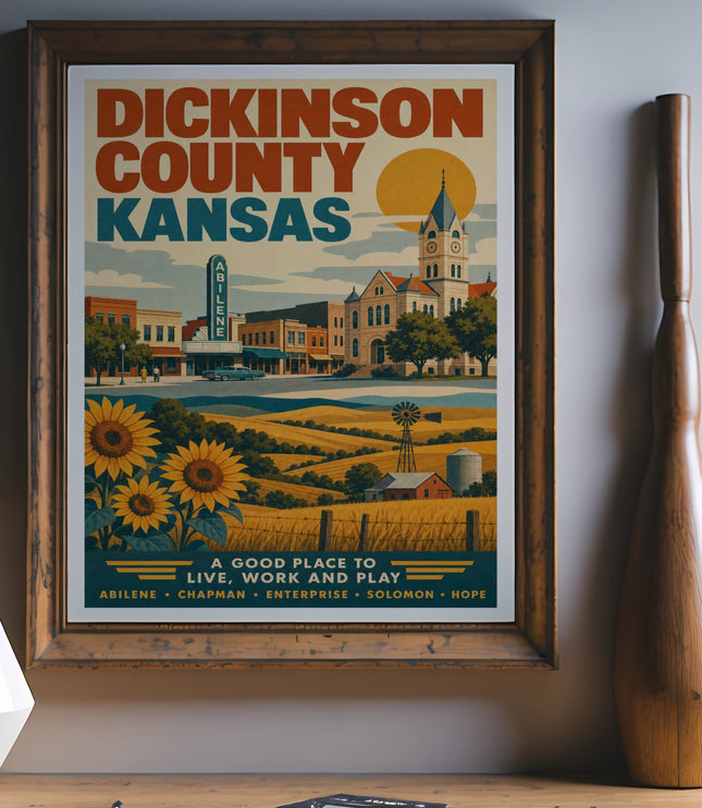 Dickinson County, Kansas travel poster with sunflowers and town scene.