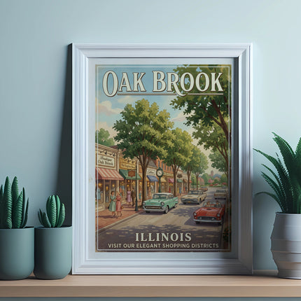 Oak Brook Illinois vintage travel poster with shops and cars, framed.