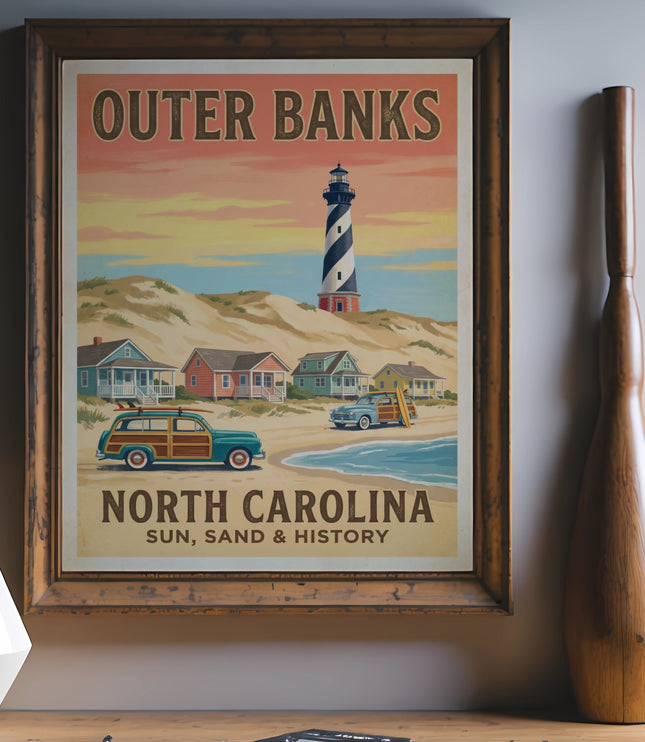 Poster for Outer Banks North Carolina featuring a lighthouse, beach houses, and cars.