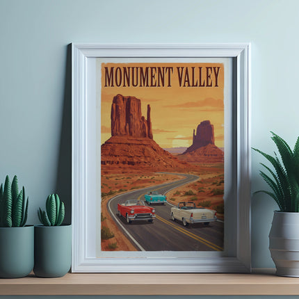 Retro art print of Monument Valley with three vintage convertibles driving on a scenic road.