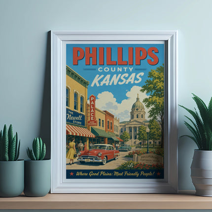 Phillips County Kansas vintage poster with Palace Drug Store and courthouse.