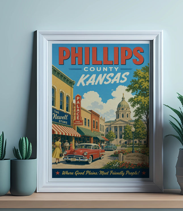 Phillips County Kansas vintage poster with Palace Drug Store and courthouse.