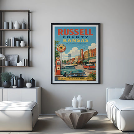 Vintage travel poster for Russell County, Kansas, featuring a classic car and gas station.