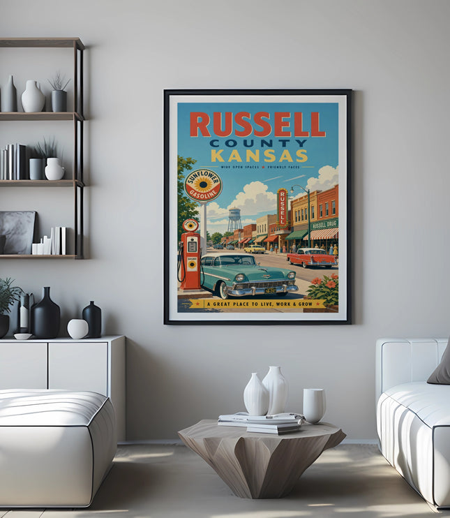 Vintage travel poster for Russell County, Kansas, featuring a classic car and gas station.
