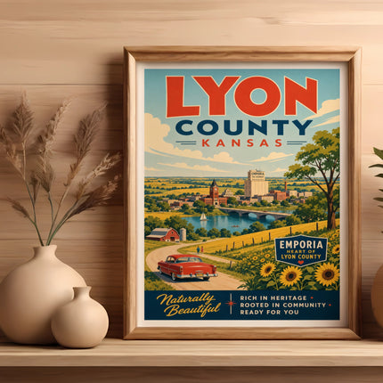 Vintage poster for Lyon County, Kansas, featuring Emporia, a red car, and sunflowers.