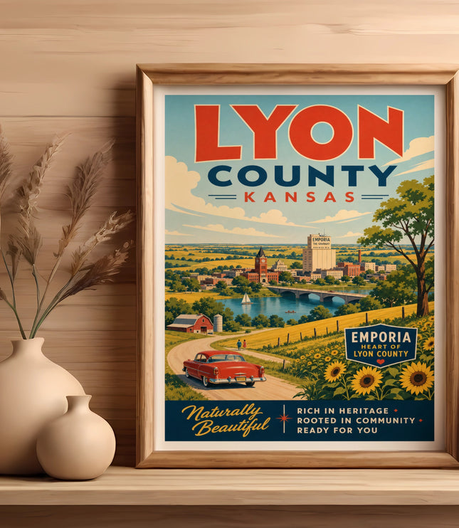 Vintage poster for Lyon County, Kansas, featuring Emporia, a red car, and sunflowers.