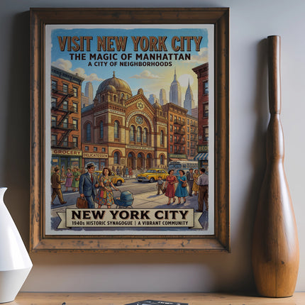 Vintage New York City poster of a 1940s street scene with a synagogue.