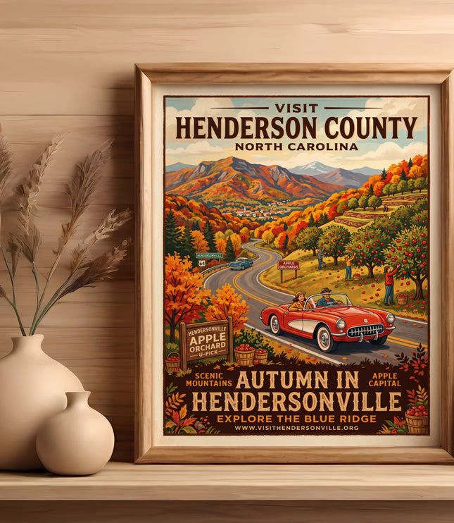 Poster depicting autumn in Hendersonville, NC with a red convertible, apple orchards, and mountains.