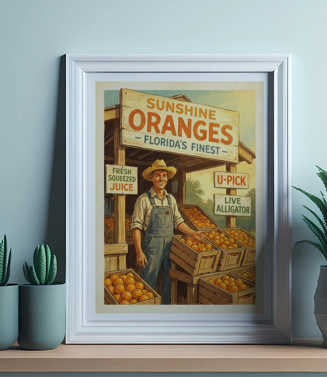 Framed vintage poster of a man selling oranges with signs for "Sunshine Oranges," "Fresh Squeezed Juice," and "Live Alligator."