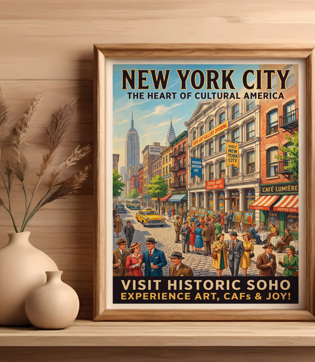 New York City vintage poster with text "Visit Historic Soho".