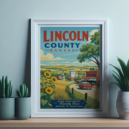 Vintage Lincoln County, Kansas poster with sunflowers, red car, and town buildings.