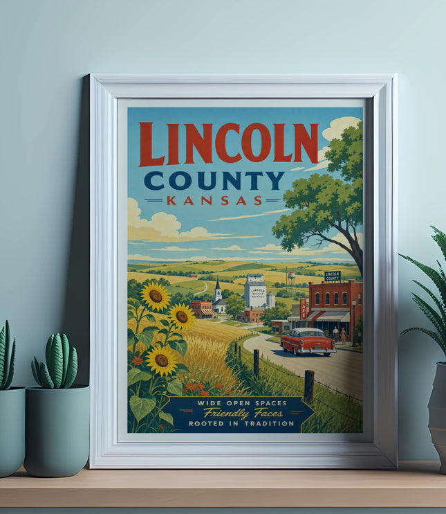 Vintage Lincoln County, Kansas poster with sunflowers, red car, and town buildings.