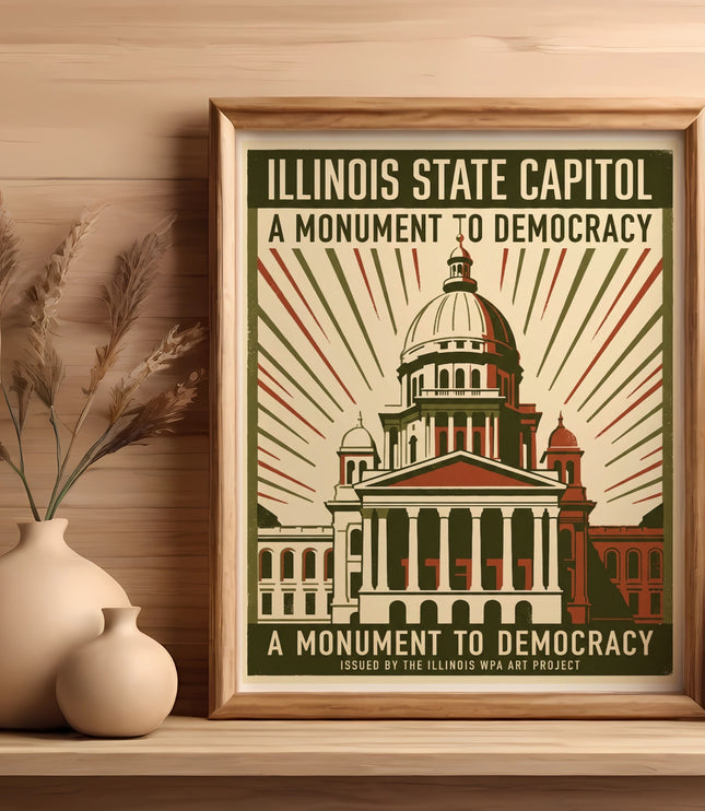 Illinois State Capitol poster titled "A Monument to Democracy" issued by the Illinois WPA Art Project.