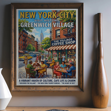 New York City Greenwich Village vintage travel poster with coffee shop.